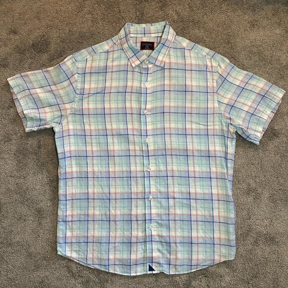 Untuckit 100% Linen Shirt Mens Large Blue Multi Plaid Stretch Lewis Short Sleeve - Picture 1 of 9